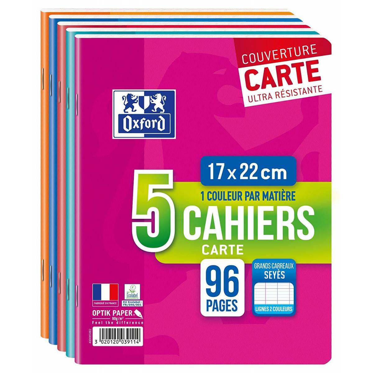 Lot de 5 Cahiers Oxford Color Life 17 x 22 cm 96p Seyès