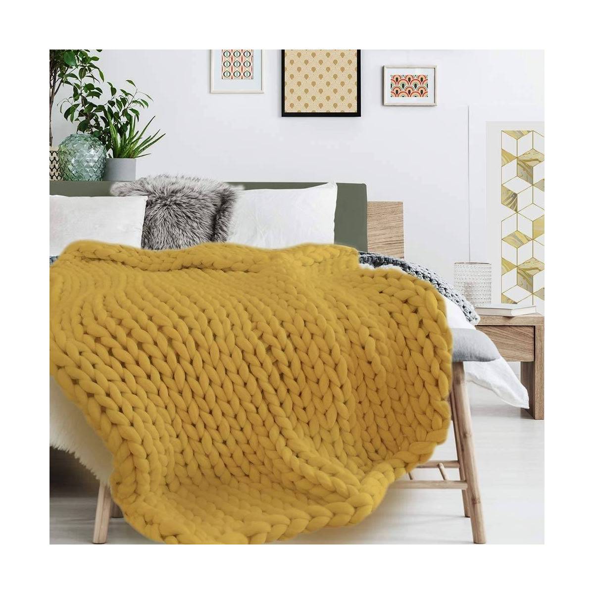 Plaid Grosses Mailles Chunky Jaune 120 x 150 cm - The Home Deco