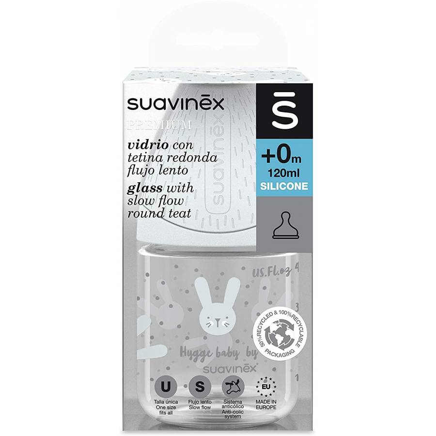 Biberon Suavinex Premium verre avec tétine ronde 120ml 