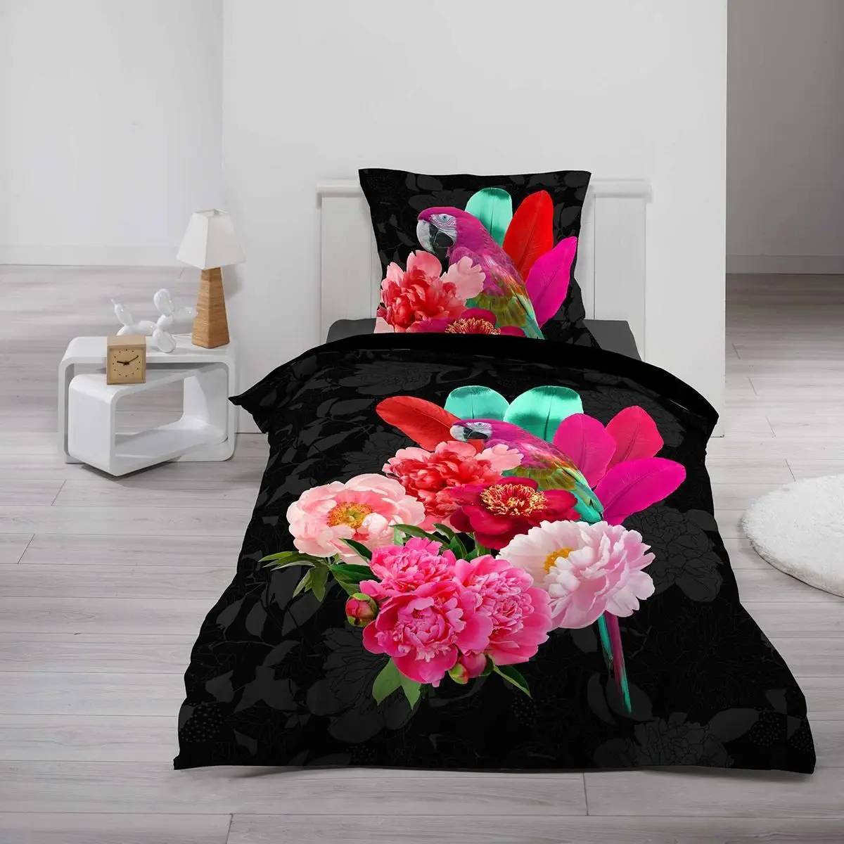 Housse de couette Fleurs & Perroquet Perropink 140 x 200 cm noire