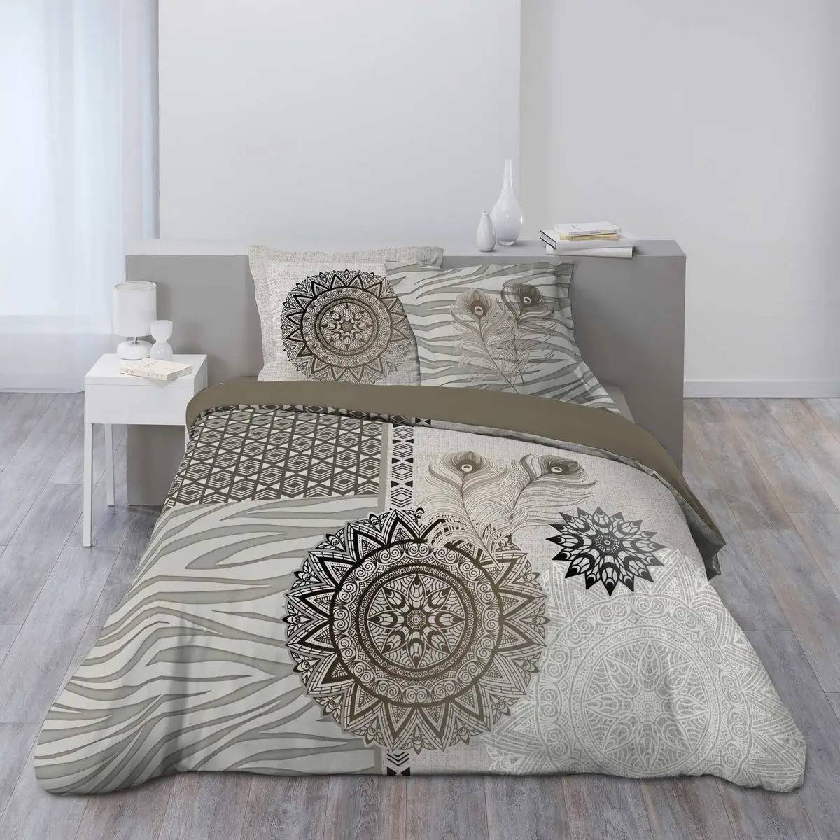 Housse de couette fleurs et rosaces Leonis Flanelle 200 x 200 cm gris