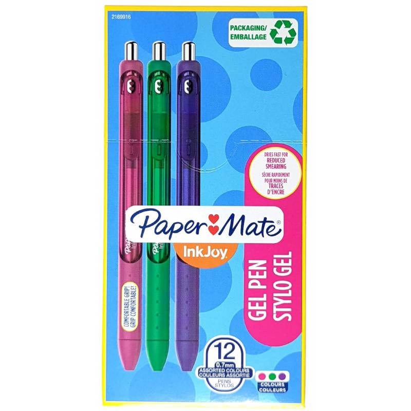 Pack de 12 bolígrafos de gel verde, rosa, violeta Paper Mate Inkjoy