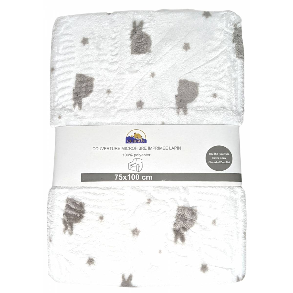 Couverture Microfibre Imprimee Lapin 75x100 cm Blanc / Gris