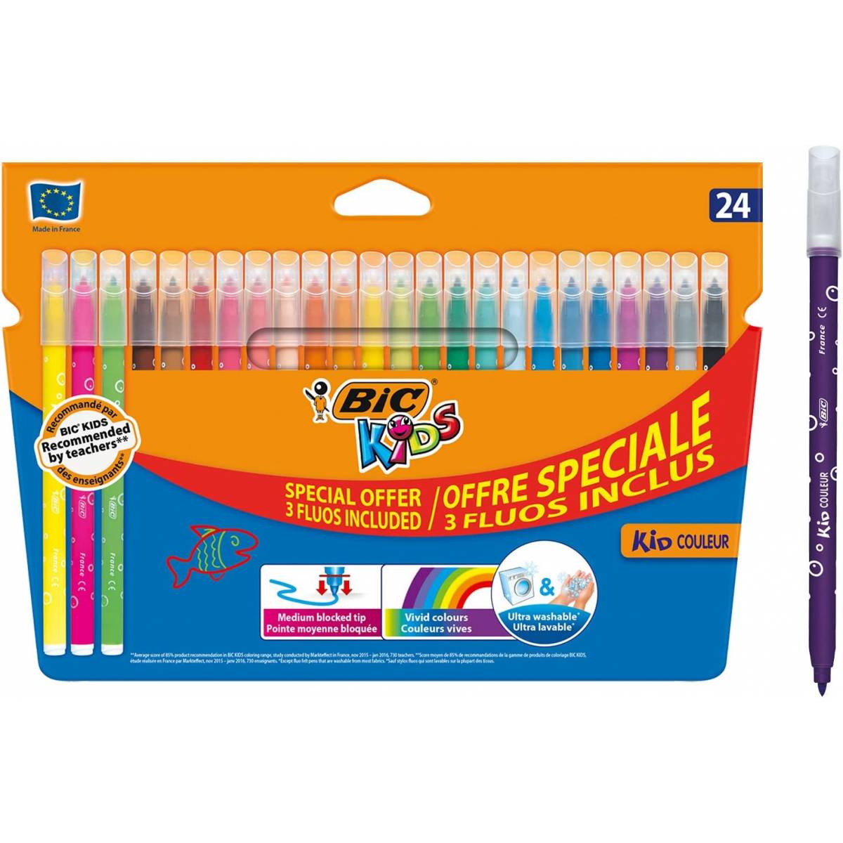 BIC Kids Kid Color Coloring Markers - Scatola di cartone da 15 + 3 luci fluorescenti incluse