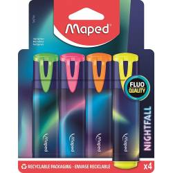 Maped - 4 Surligneurs Nightfall - Confort d'Écriture, Efficace sur Tous Types de Papier - Couleurs Lumineuses