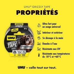 UHU Grizzly tape - Ruban adhésif toilé waterproof pour réparer, gris, 10mx50mm