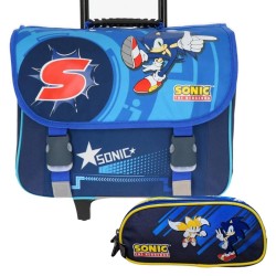 Sonic 41 cm boekentas op wieltjes + etui met 2 vakken